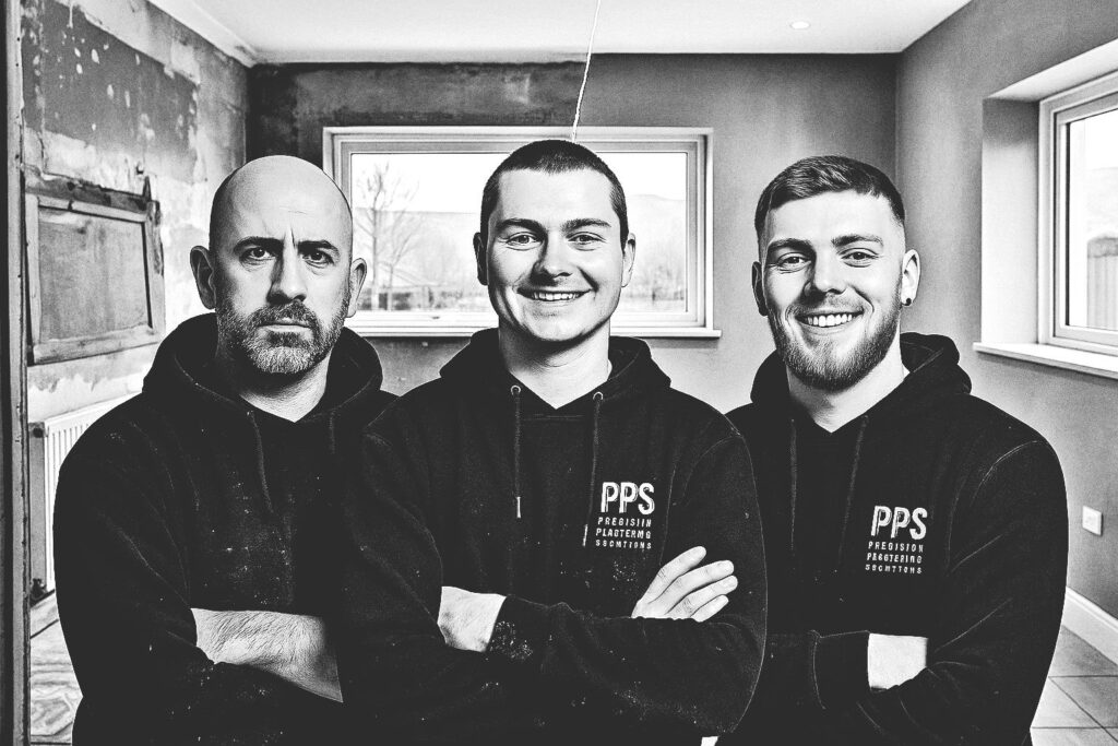 Three men wearing black hoodies with 'PPS' logo, standing with arms crossed in a room.